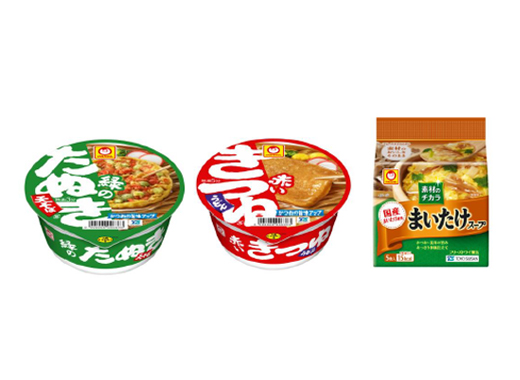 赤いきつねうどん　東、緑のたぬき天そば　東、素材のチカラ　まいたけスープ5食入り